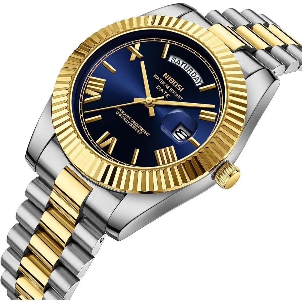 Men's Gold Silver Blue Stain Steel Analog Classic Design Stylish Wrist Watch